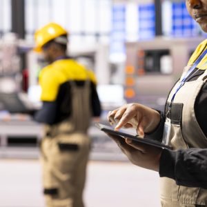 Factory worker analyzing data on tablet Smart manufacturing specialist utilizes digital applications to enhance production efficiency. Close up of factory worker analyzing system data on a tablet, troubleshooting and finetuning equipment.